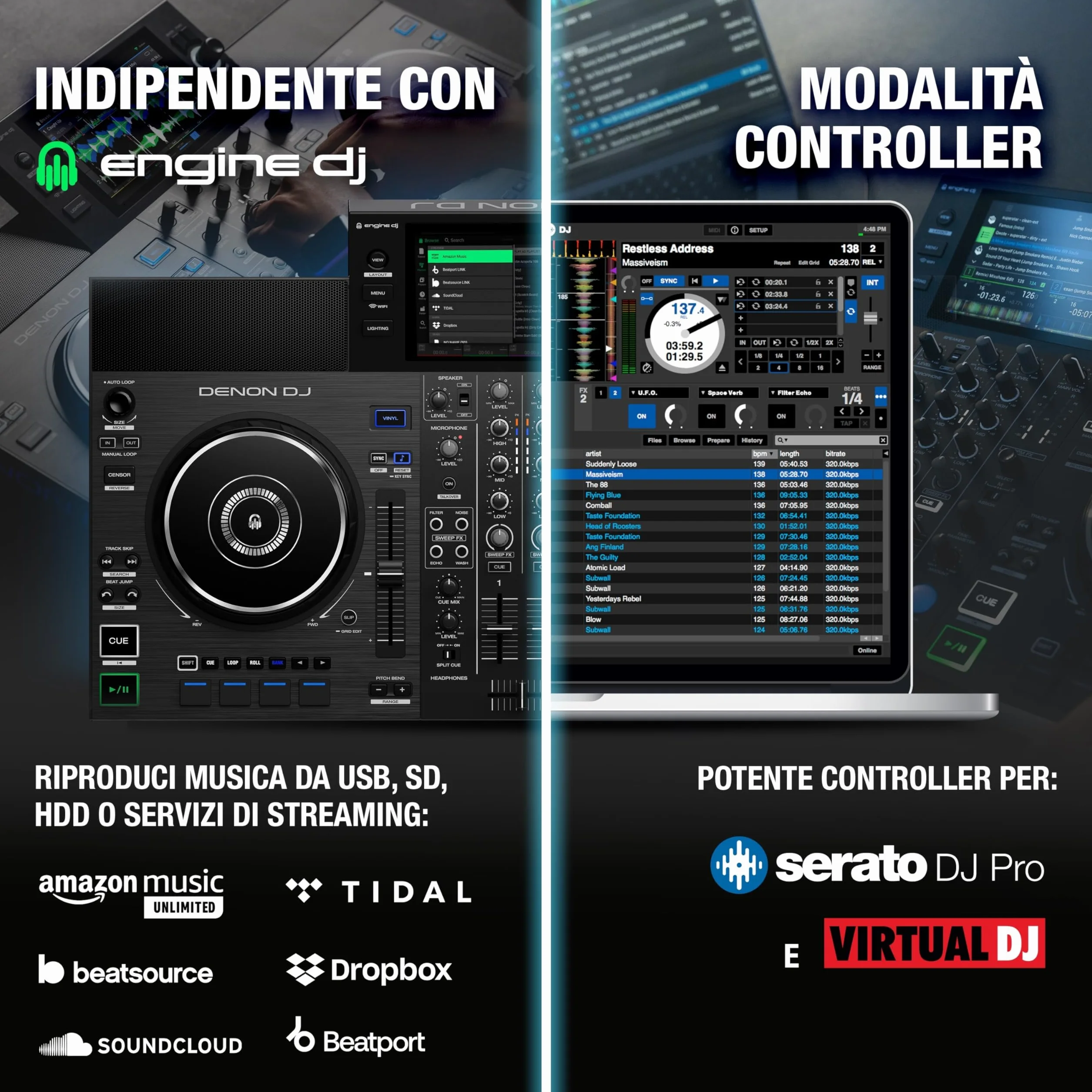 Denon DJ SC LIVE 2 – Console DJ con streaming da Amazon Music, Schermo Touch da 7”, Wi-Fi, casse, supporto per Serato DJ & Virtual DJ