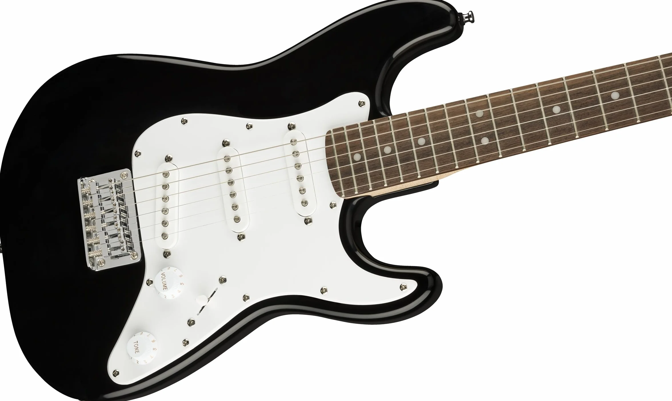 Squier by Fender Mini Stratocaster – Chitarra Elettrica con Tastiera in Lauro, Finitura Nera, Pickup Single-Coil, con Lezioni Gratuite su Fender Play