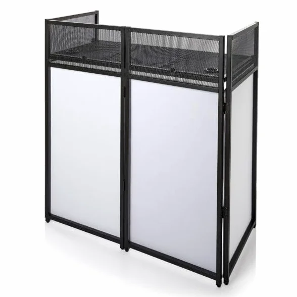 Bespeco DJTABM - Tavolo da DJ pieghevole in acciaio con borsa di trasporto. Piedini livellanti. Include copertura per facciata bianca e nera