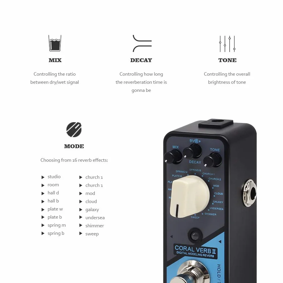 Valeton Pedale effetti per chitarra Coral Verb II Digital Reverb