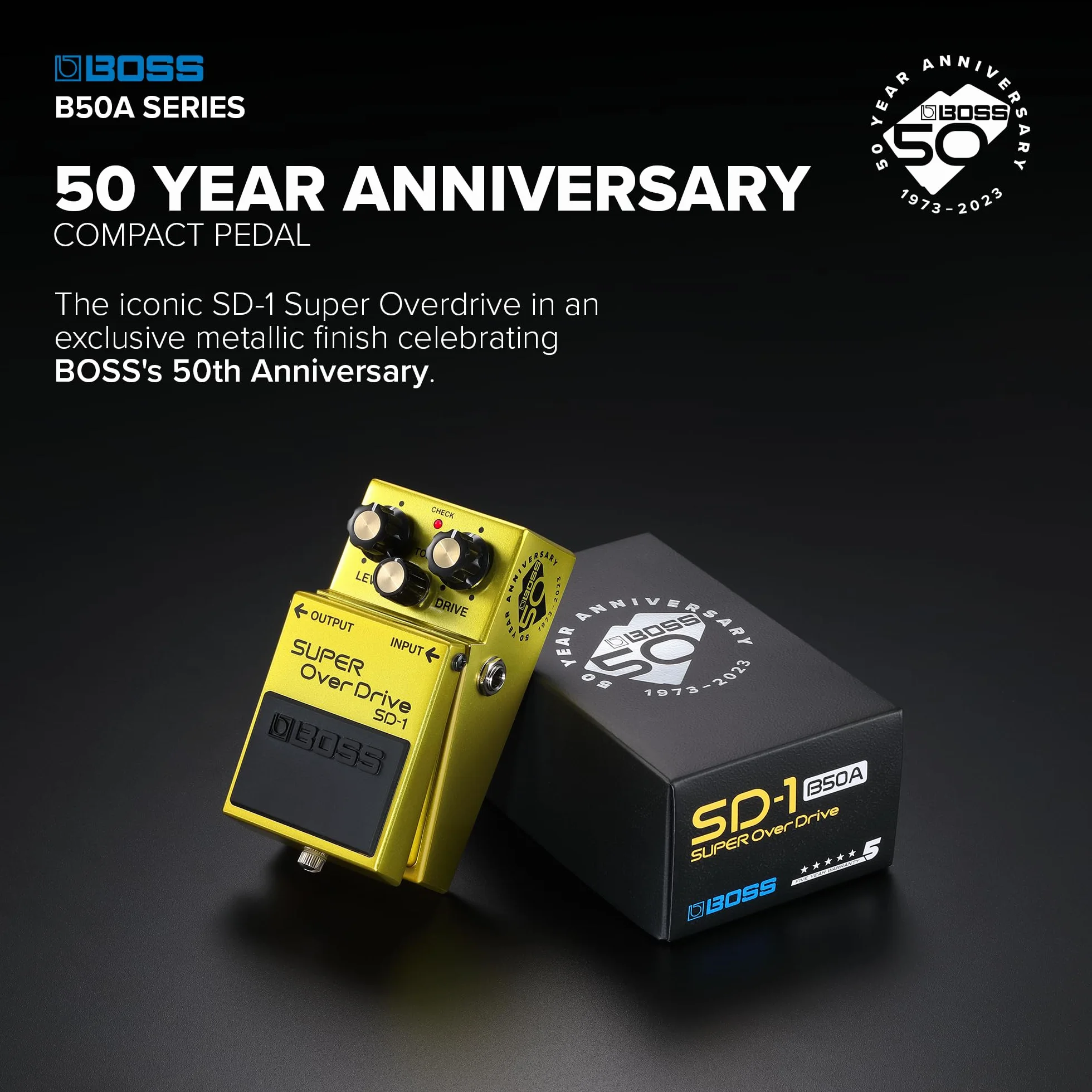 Pedale BOSS SD-1-B50A Super Overdrive | Pedale Compatto in Edizione Limitata per il 50° Anniversario | Finitura Metallizzata, Vite in Argento, Manopole Dorate ed Emblema del 50° Anniversario