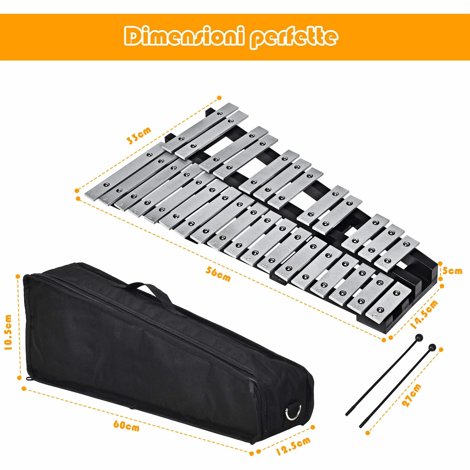 GOPLUS Xilofono con 30 Tasti, Metallofono Pieghevole con Borsa, Strumento Musicale a Percussione con Cornice di Legno, Perfetto per Studenti, Principiante e Amanti della Musica, Nero e Argento