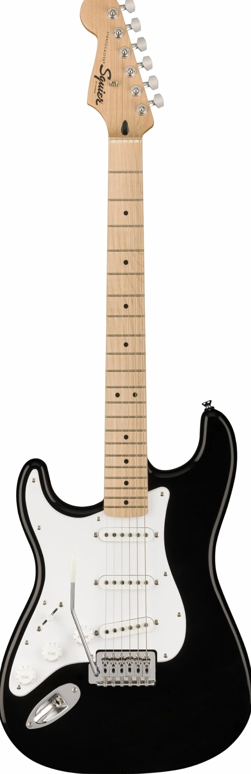 Squier by Fender Sonic Stratocaster Chitarra Elettrica Mancina, Nera, Tastiera in Acero, Battipenna Bianco, Include Lezioni Virtuali Gratuite