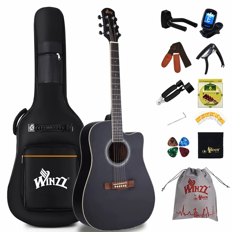 Winzz 41 Pollici Chitarra Acustica 4/4 Full Size per Adolescenti Adulti Principianti Set, Nero Cutaway