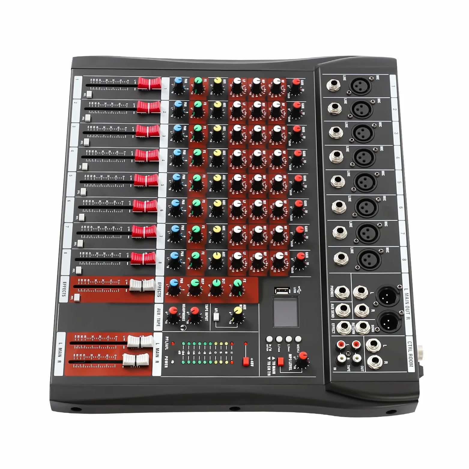 Mixer professionale a 8 canali, mixer audio, mixer audio professionale a 8 canali, mixer con Bluetooth, indicatore LED, alimentazione phantom da 48 V, alloggiamento in metallo, colore nero