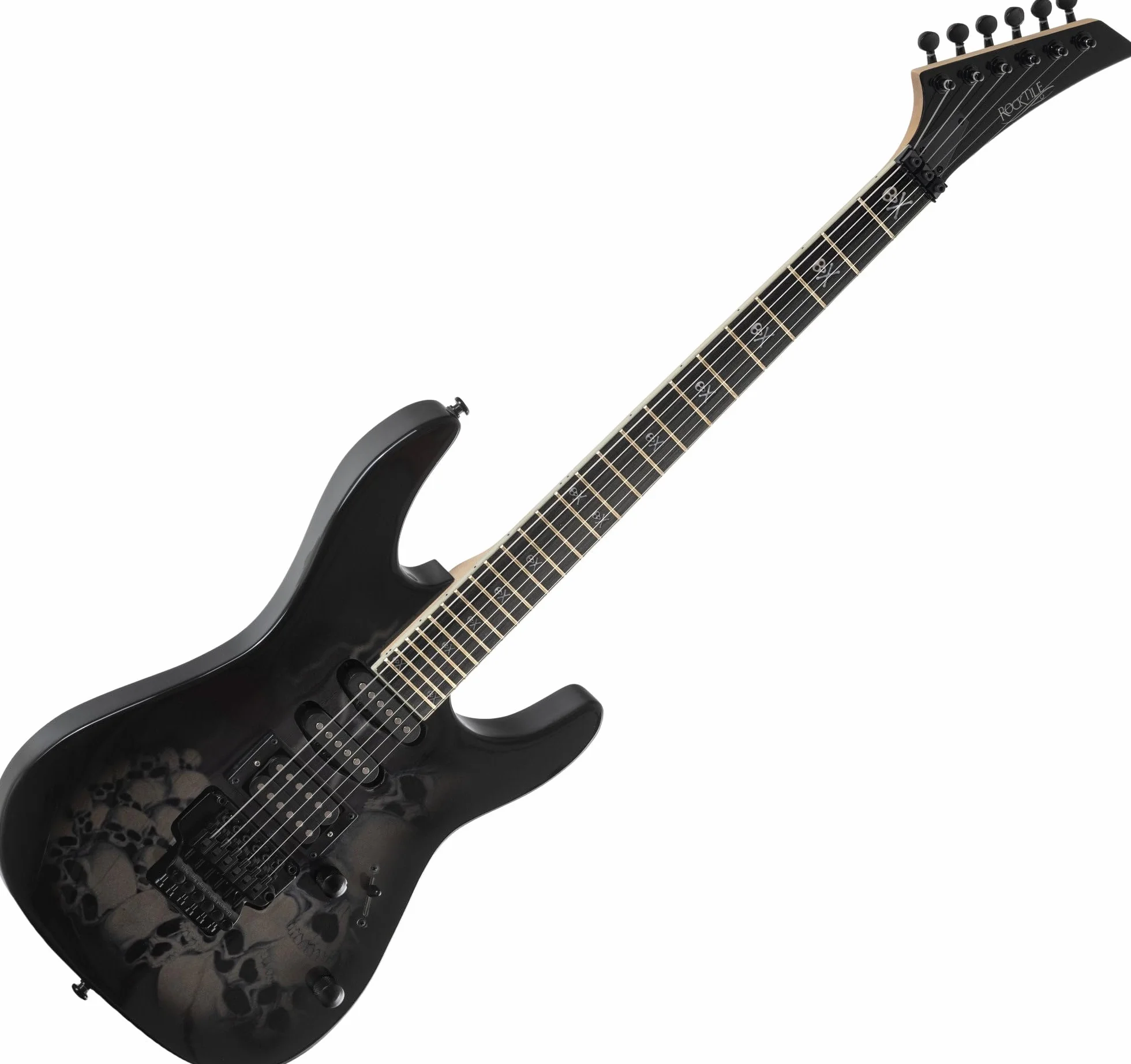 Rocktile Pro JK150-BSK Chitarra Elettrica Skull - ST-Style 6 Corde - Pickup HSS - Tremolo FR-Style - 24 Tasti Jumbo - Corpo in Ontano - Manico in Acero - Accessori Inclusi - Nero con Design Skull