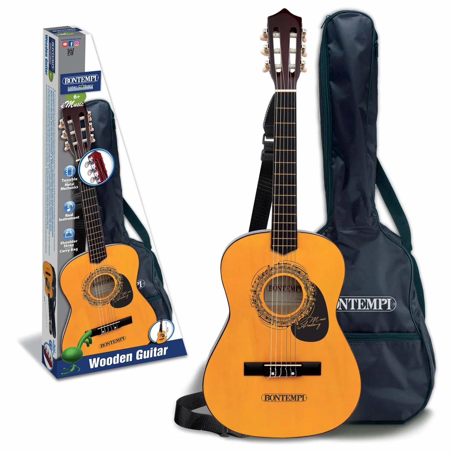 Bontempi | WoodHarmony - Chitarra Classica in Legno da 75 cm con Borsa per Avventure Musicali Autentiche, Marrone Scuro