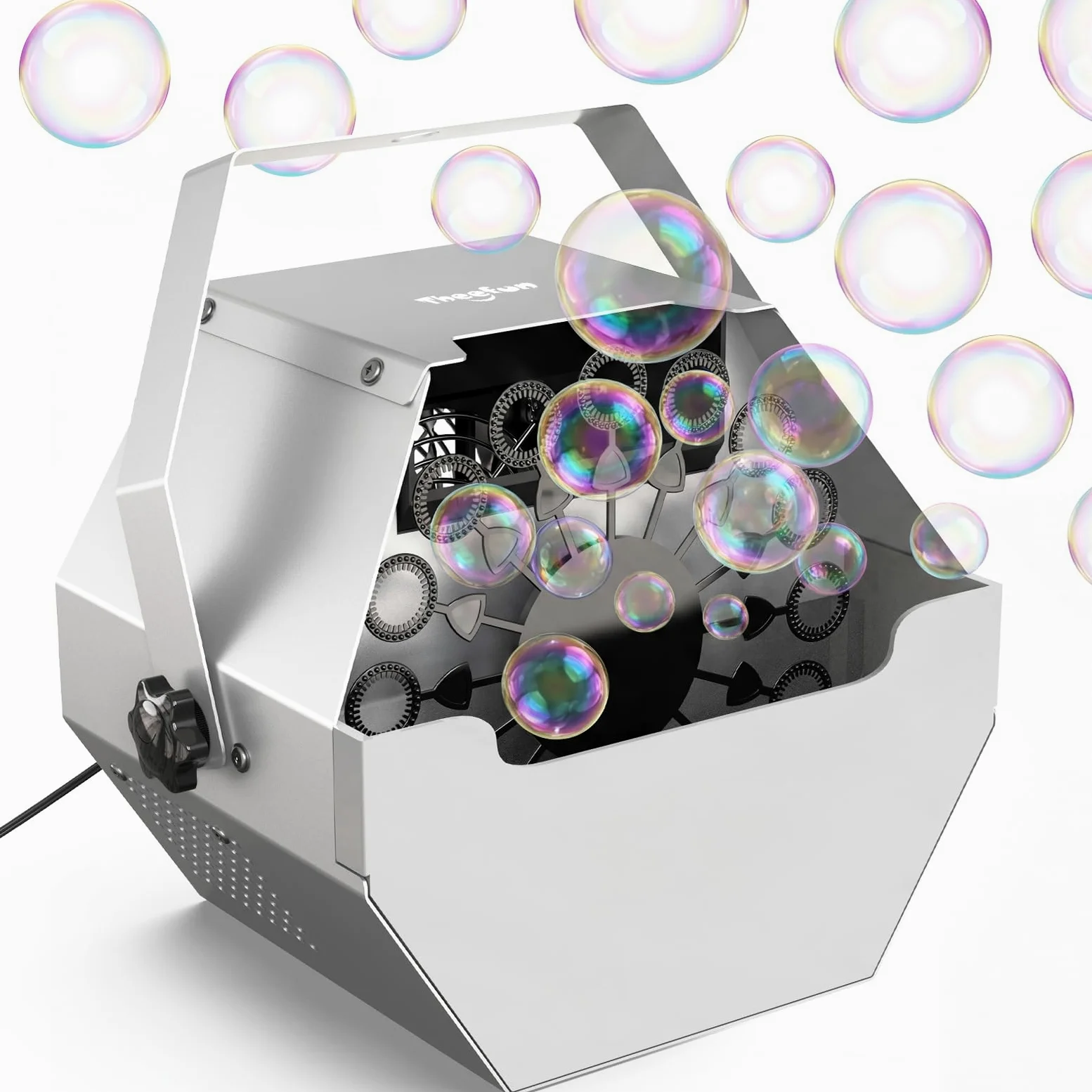 Theefun Macchina per bolle da 750 ml, in metallo, automatica, alimentata tramite USB, portatile, professionale, per feste, matrimoni, uso interno ed esterno, grigio argento