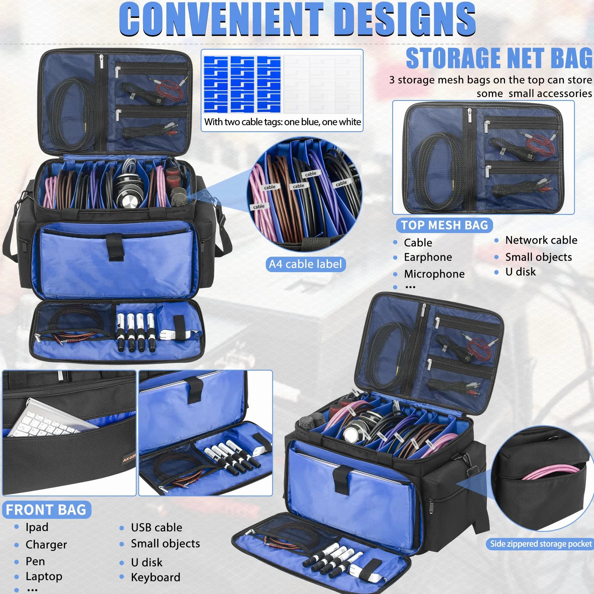 AKOZLIN Borsa per file da DJ con divisori staccabili e tasche inferiori per cavi per musicisti, borsa da viaggio per laptop da 15", attrezzatura professionale per DJ, strumenti audio e accessori per