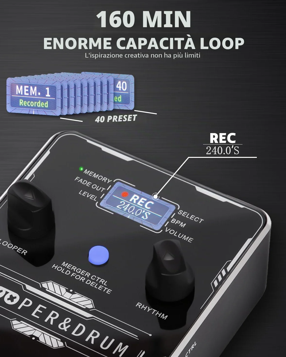STRICH Pedale Looper stereo con drum machine, 100 modelli batteria, 160 minuti registrazione, USB audio, editing software