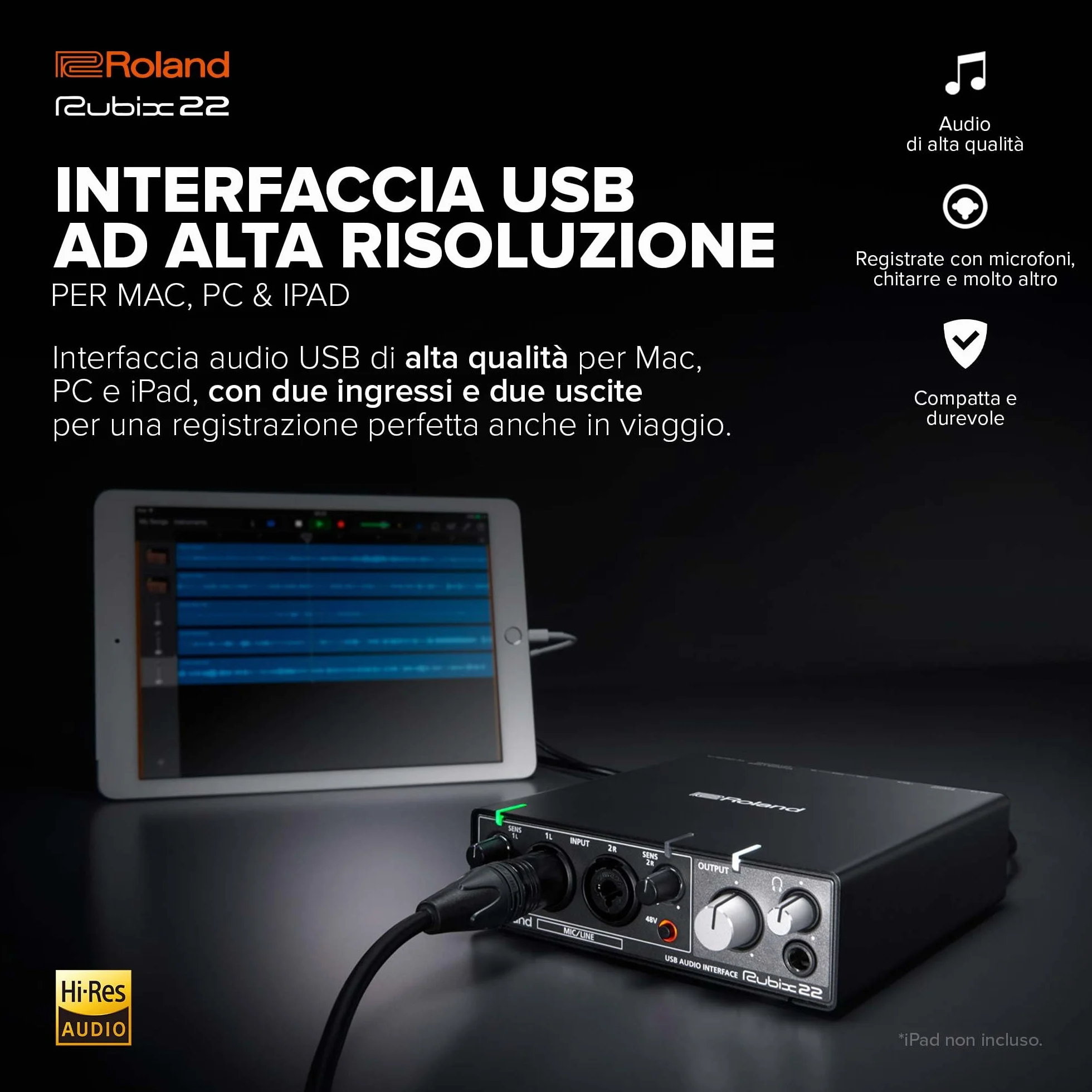Interfaccia audio USB Roland Rubix22 2-In/2-Out | Audio ad alta risoluzione | Registrate con microfoni, chitarre, tastiere e altro | Costruzione compatta e durevole | Compatibile con Mac, PC e iPad