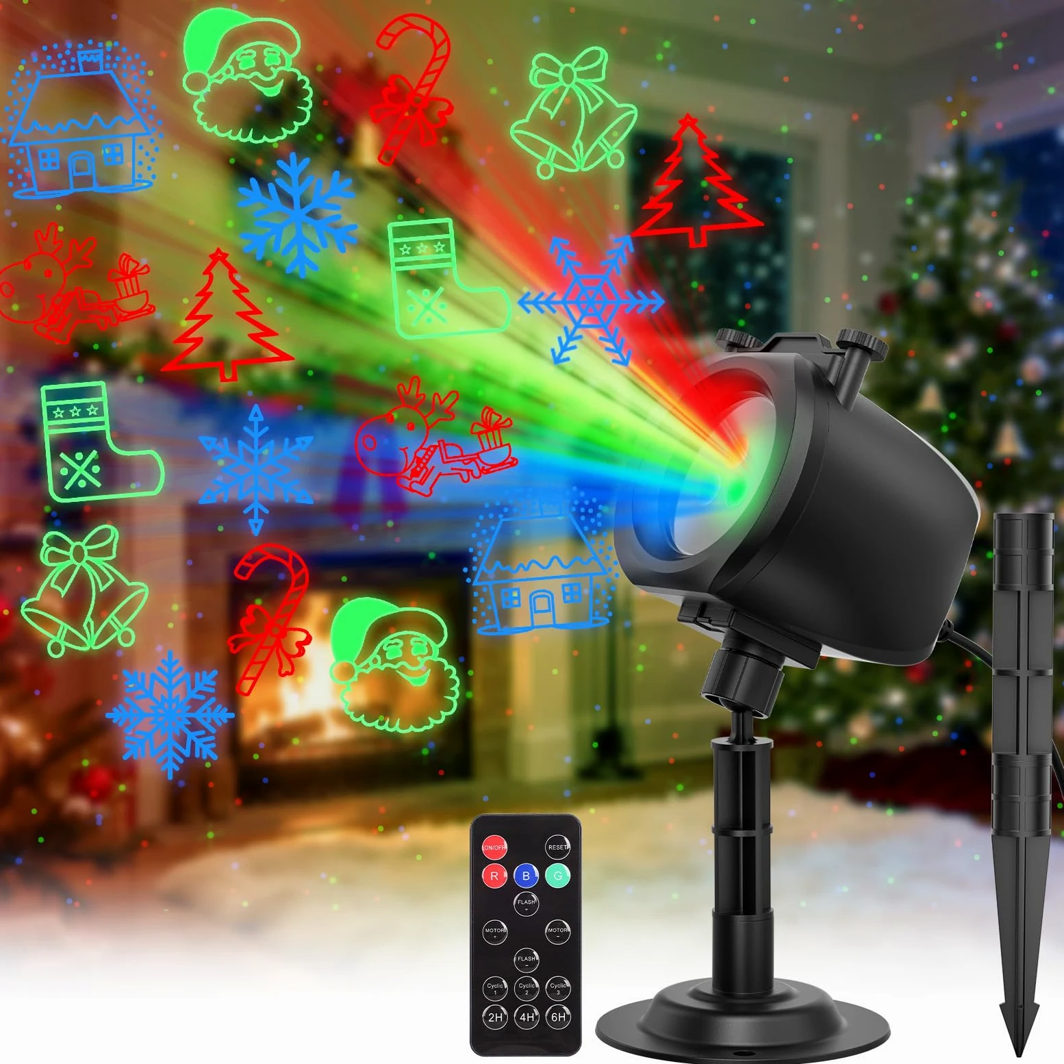 OUSFOT Proiettore di Natale esterno, 3 colori rosso, verde, blu, proiettore laser con telecomando e tempistica, 5 carte con Natale, Halloween, festa, festa, punto laser, regalo per festival