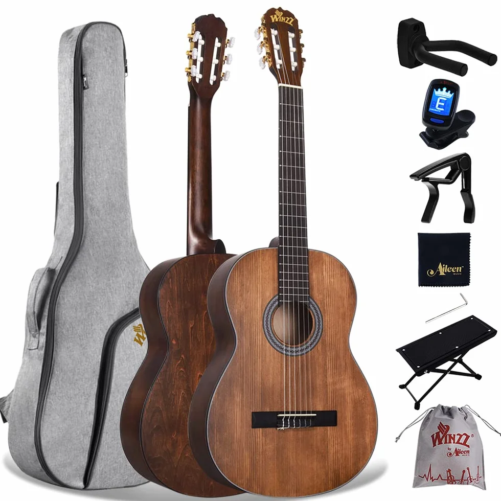 Winzz Chitarra Classica 4/4 Principianti per Adulti e Bambini 12+ Anni, Kit Chitarra Acustica Spagnola 8 Accessori con Poggiapiedi, Porta da Muro, Corde di Nylon (39 Pollici, Opaco, Marrone)