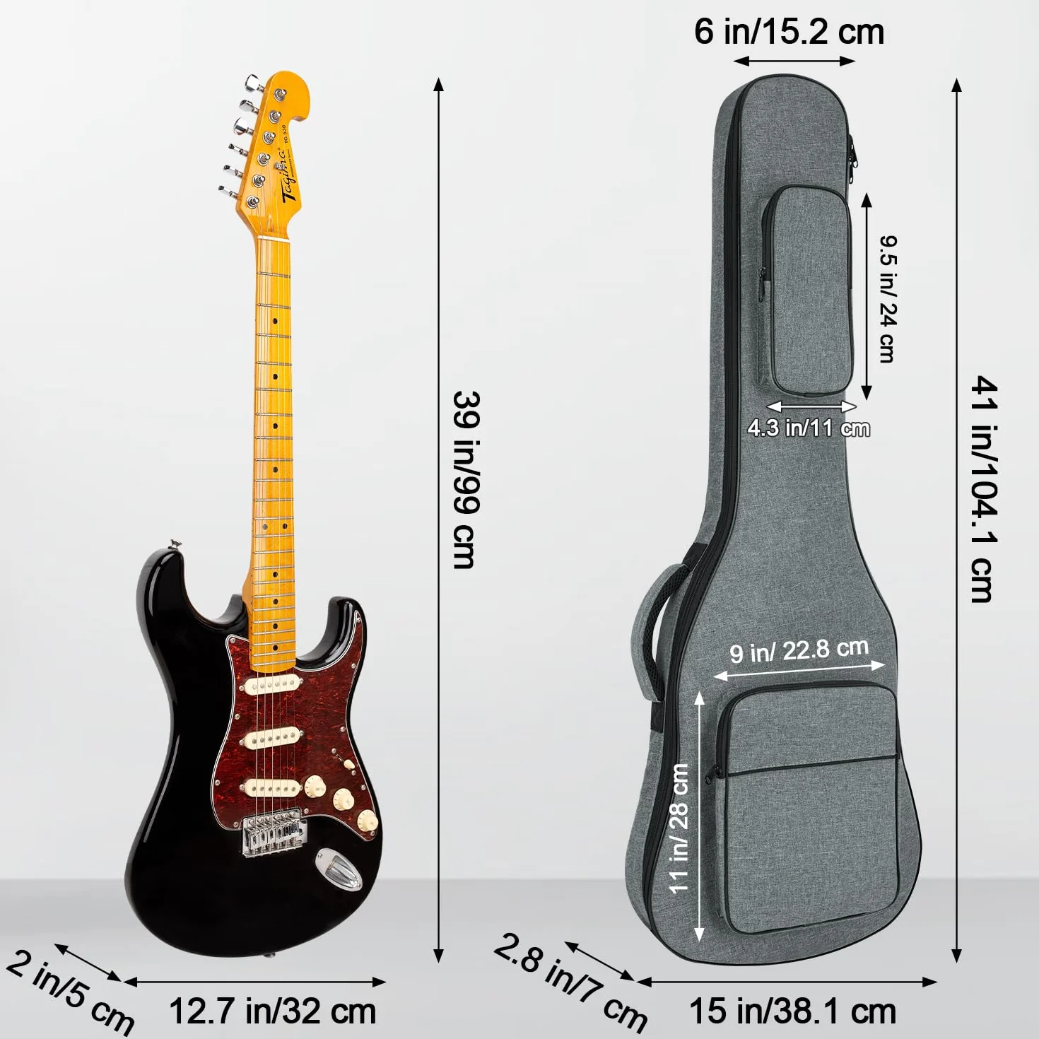 Custodia per chitarra elettrica, custodia imbottita per chitarra elettrica da 11 cm, impermeabile, con due tasche e tracolla regolabile, protezione per il collo, colore grigio