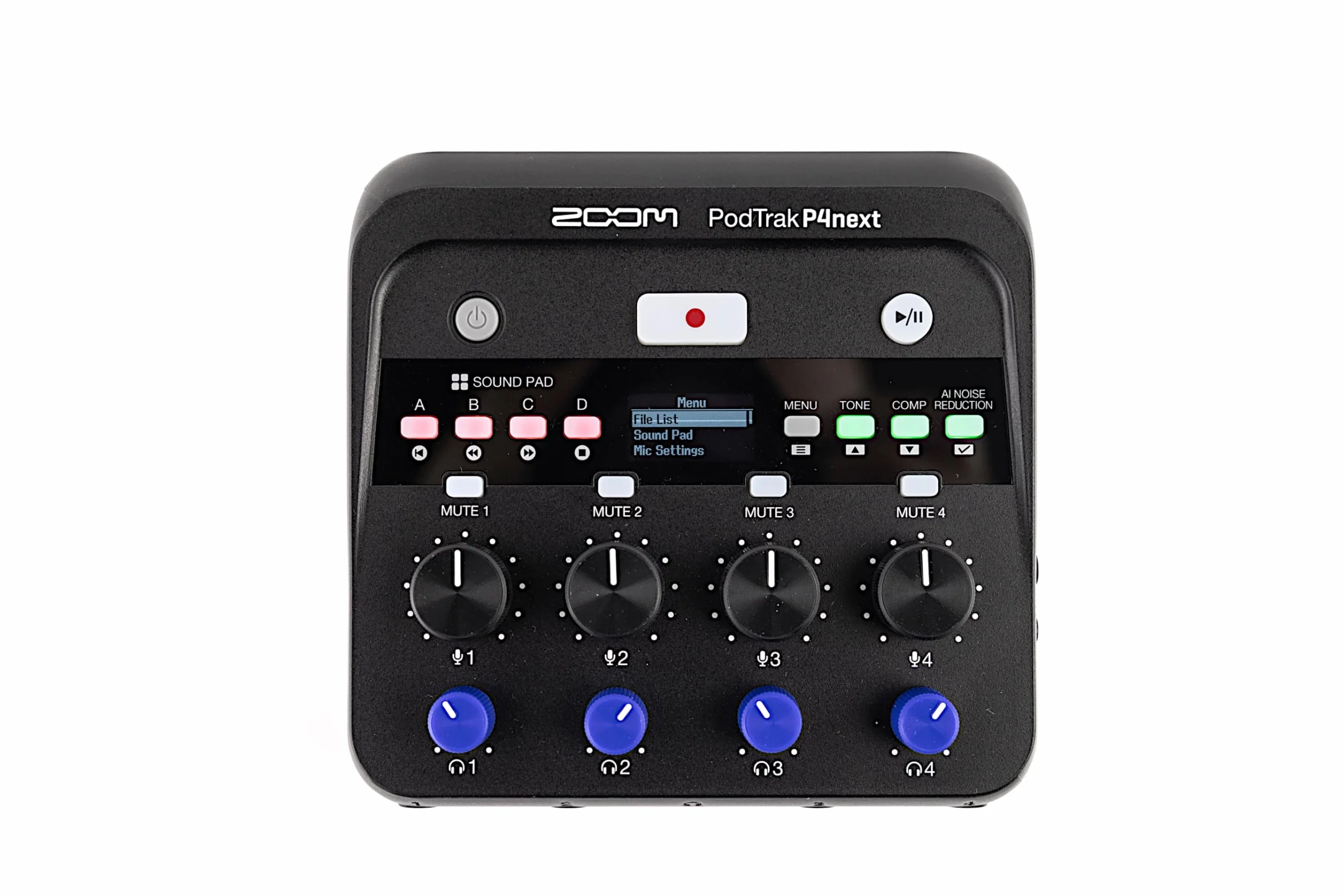 Zoom - P4next - Registratore podcast a 4 microfoni, riduzione del rumore tramite AI, pad audio, interfaccia USB-C, registrazione su scheda SD fino a 2 TB, alimentazione a batteria o tramite USB