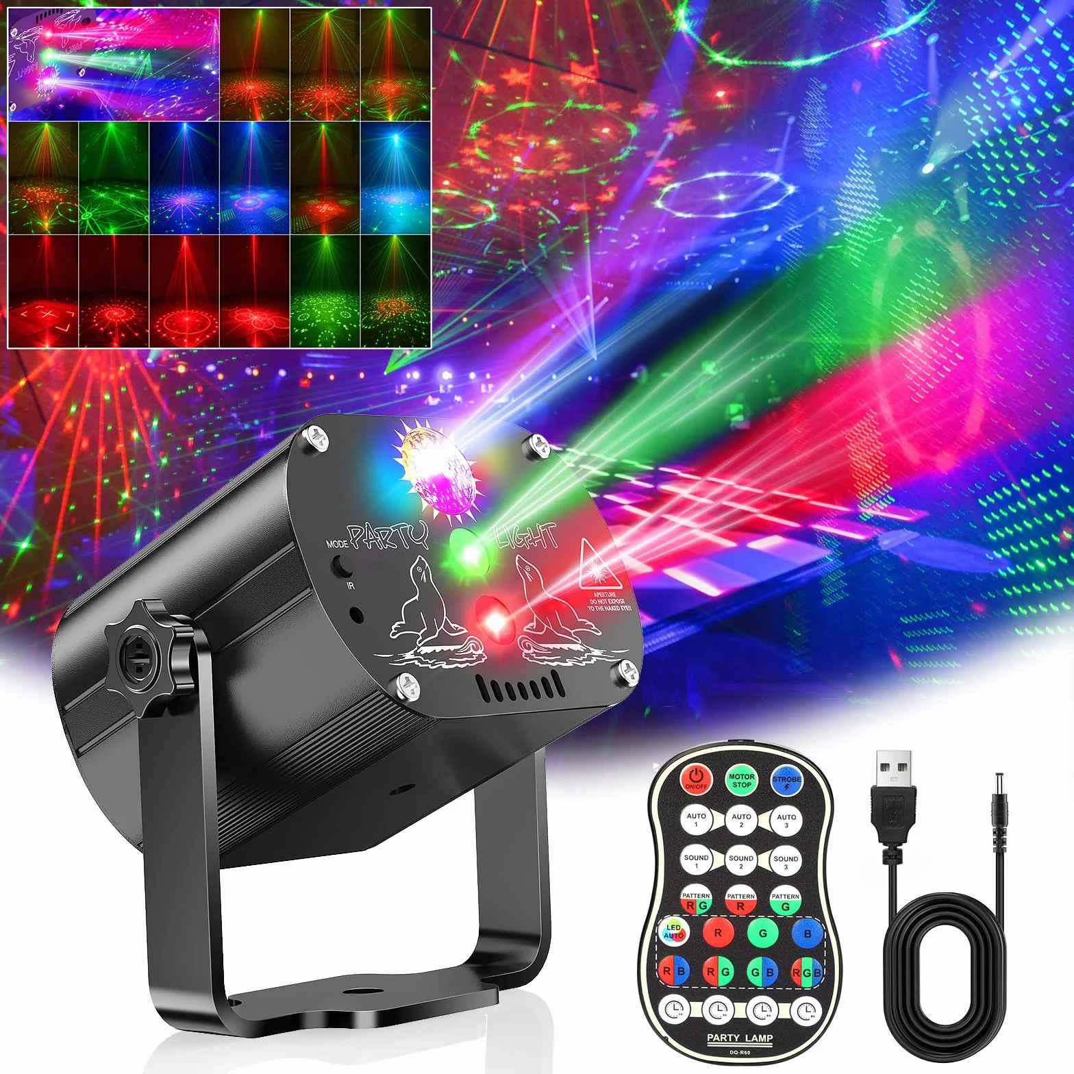 Mini luci discoteca, Luce da luci palla Festa Musicale Controllata7 Diversi Modelli Effetto Strobo luce discoteca Telecomando e USB 2M per Famiglia, Festa Disco Bambini (Nero argento)
