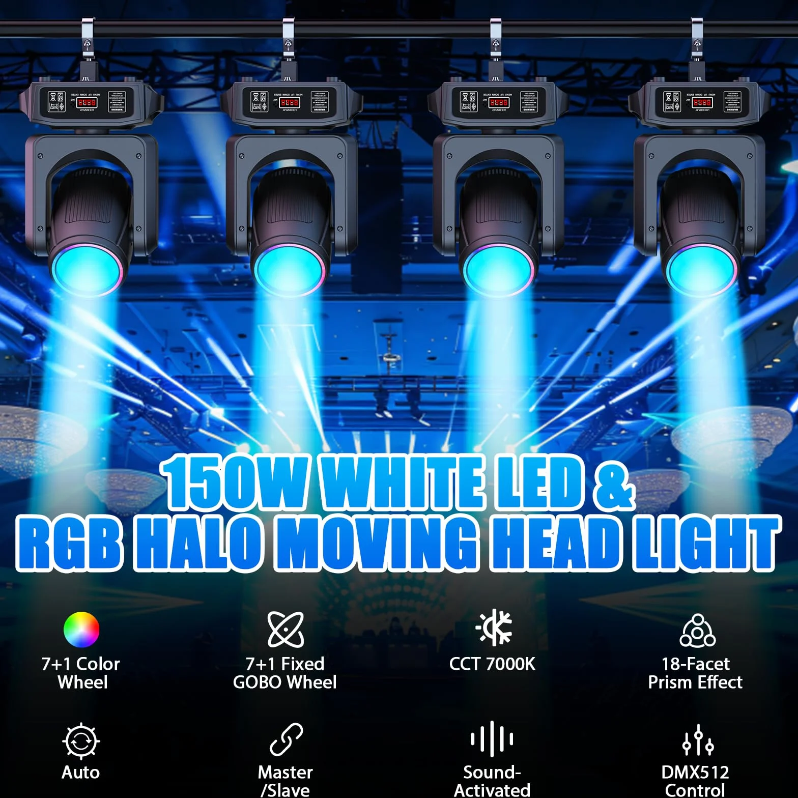 150W Teste Mobile LED Luce da Discoteca Luci Palco con 8 Gobo 18 Prisma DMX512 Controllo per palcoscenico discoteca festa matrimonio Natale Halloween