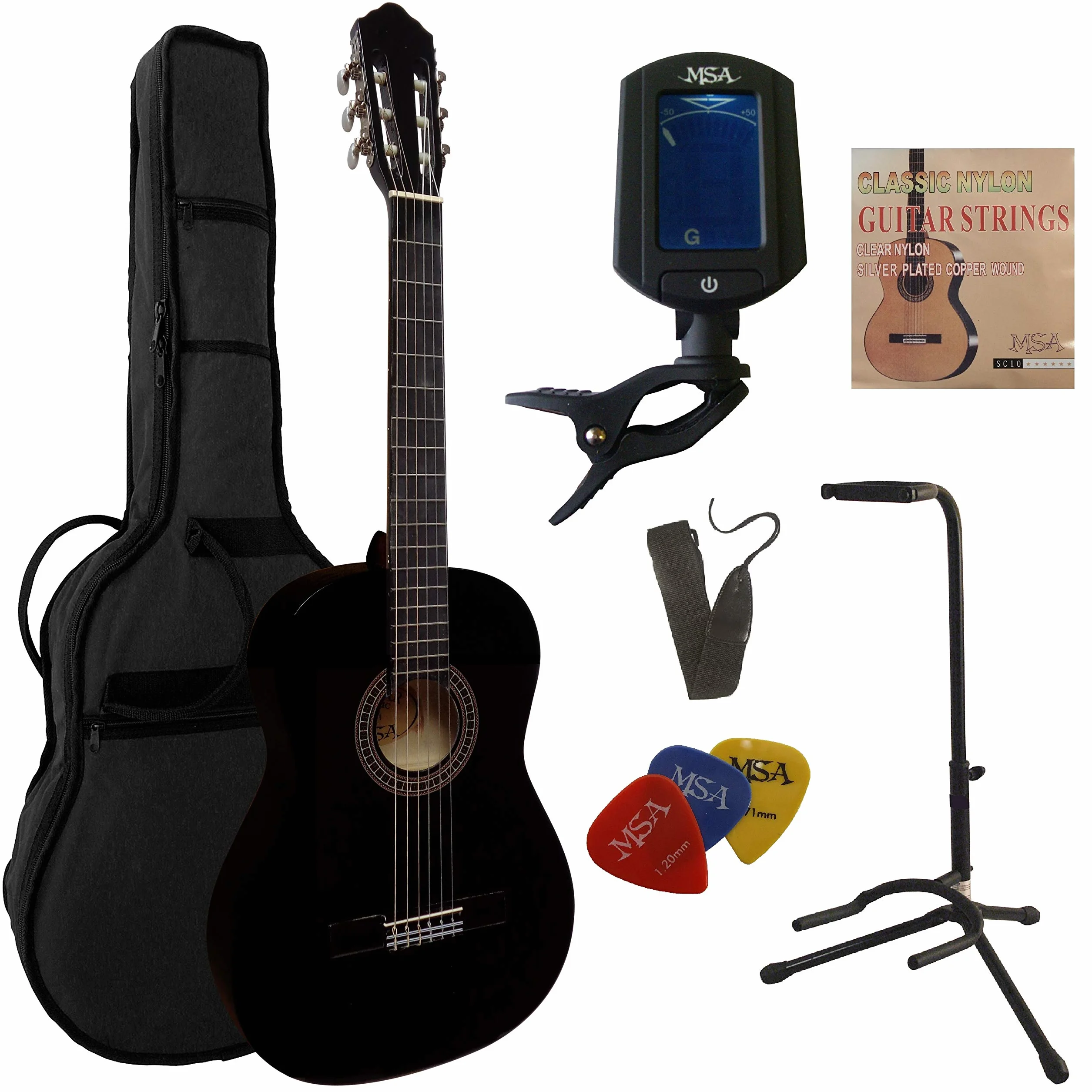 Chitarra 4/4 da concerto nel classico set - Nero – Cassa in legno di tiglio – Borsa – Tracolla– Corde – 3 x plettri – Accordatore ET33B – Cavalletto per chitarra