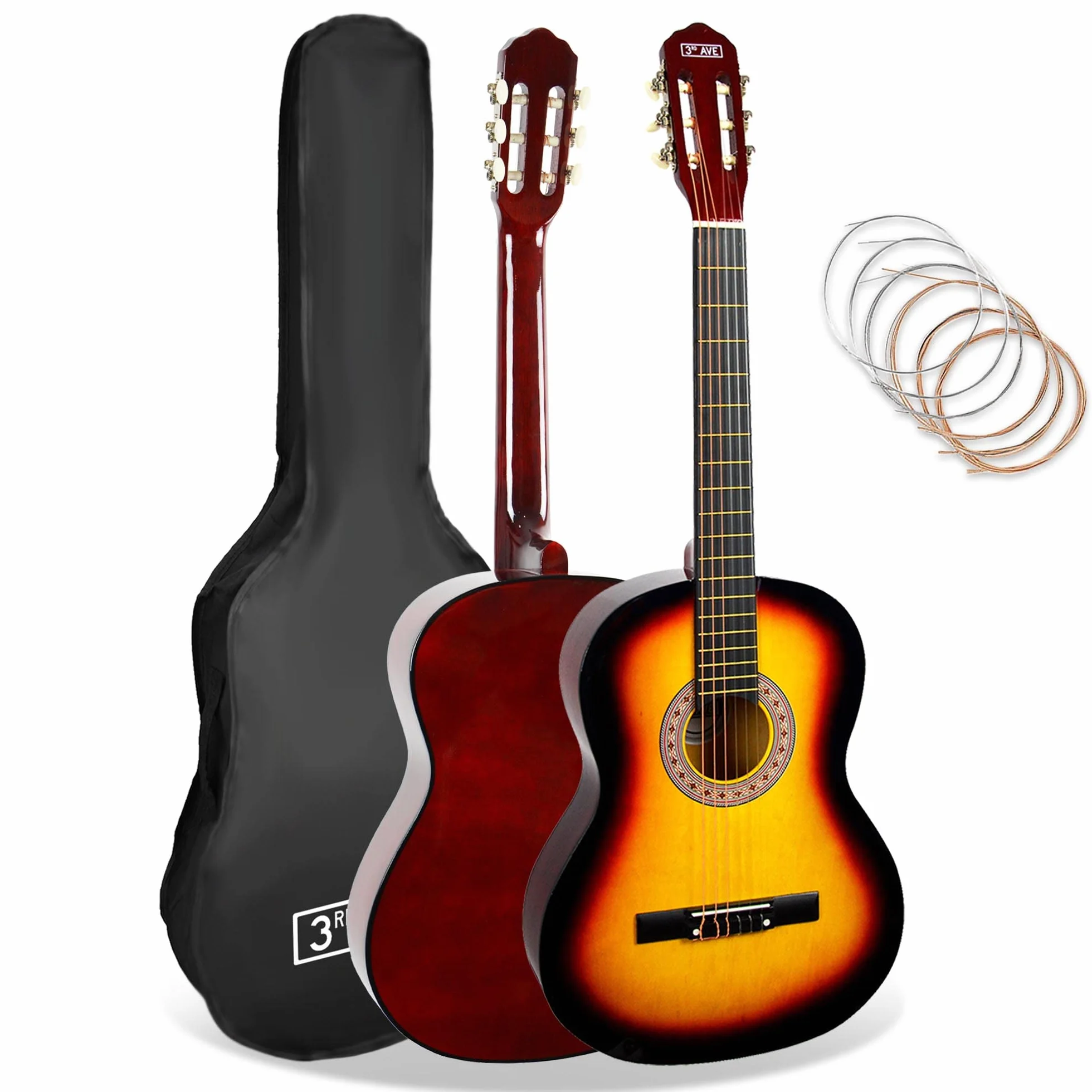 3rd Avenue Pacchetto Per Principianti Di Corde In Nylon Spagnolo Per Chitarra Classica 4/4 A Grandezza Naturale - 6 Mesi Di Lezioni Gratuite, Borsa, Corde - Sunburst